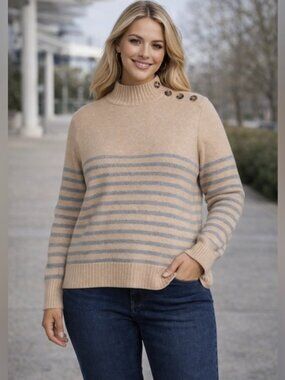 St John's Bay Striped Mock Neck Tan Brown Sweater with Buttons size Large Womens